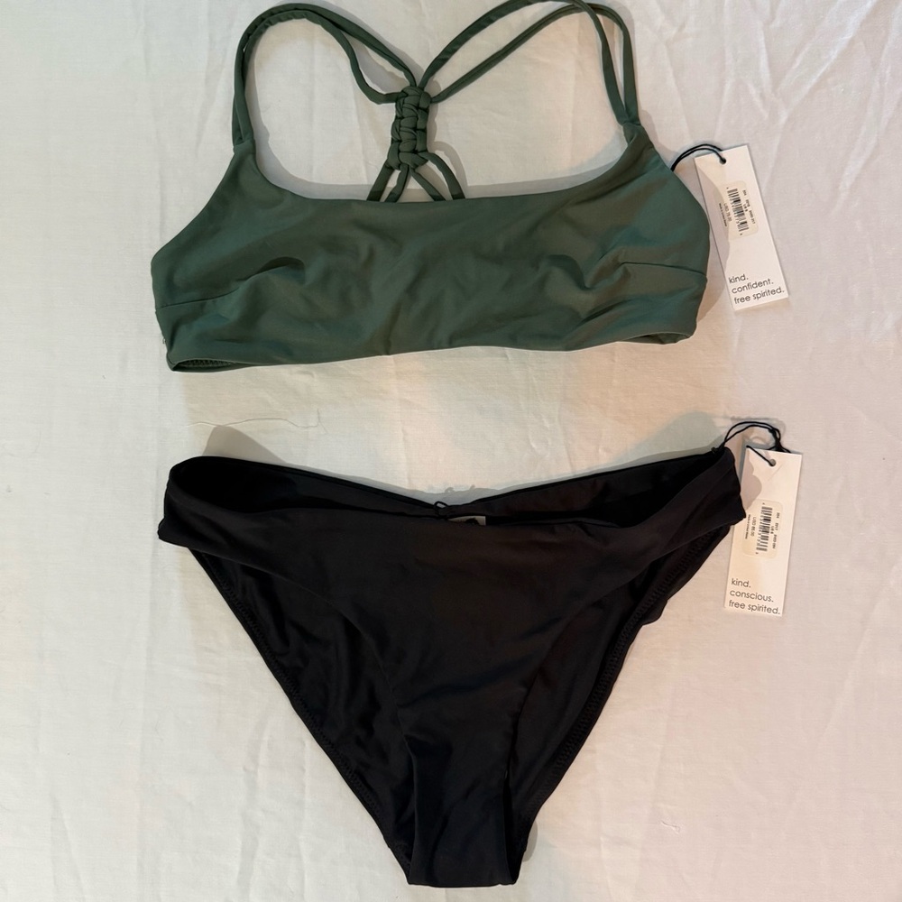 Olive Green & Black Strappy Bikini Set - Women